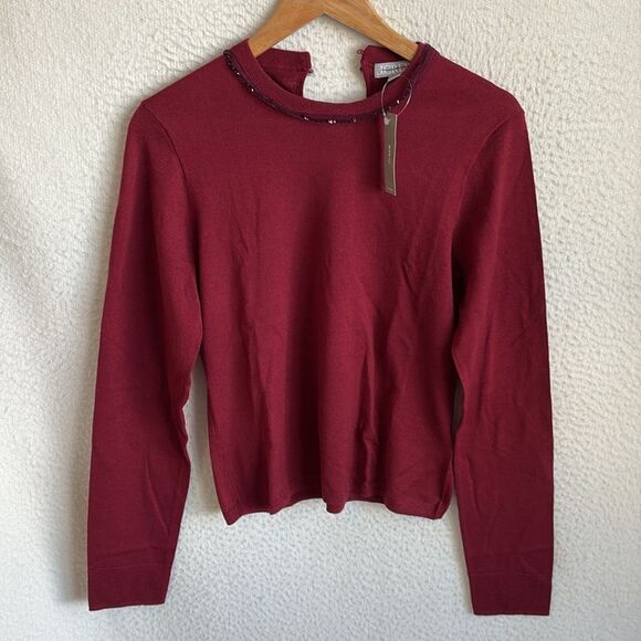 J Crew Carolyn embellished fitted crewneck sweater in merino wool Large Burgundy - Picture 2 of 11